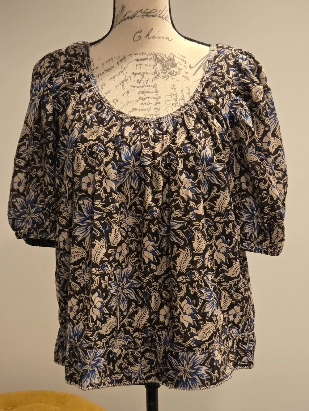 Madewell Floral Puff-Sleeve Peasant Top in Brown and Blue,Suze XL - Picture 4 of 16